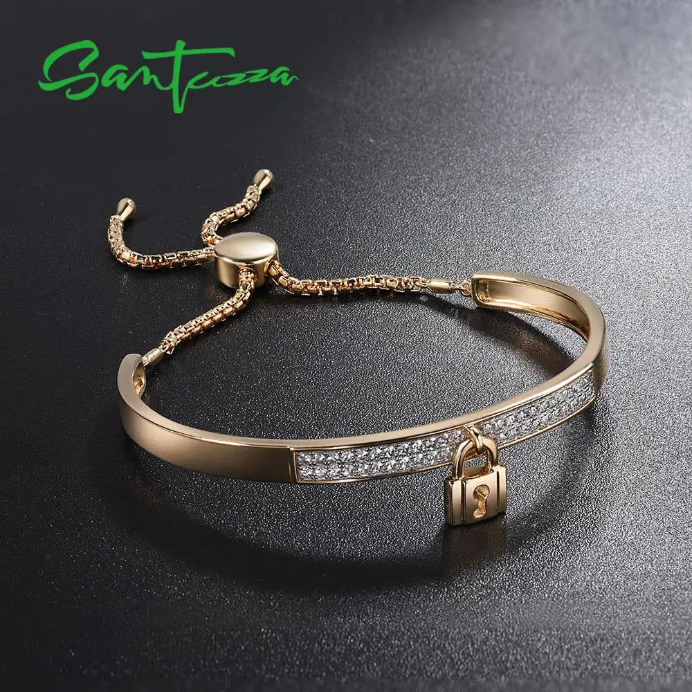 SANTUZZA Silver Bracelet For Women Authentic 925 Sterling Silver White Cubic Zirconia Adjustable Bolo Bracelet Fine Jewelry