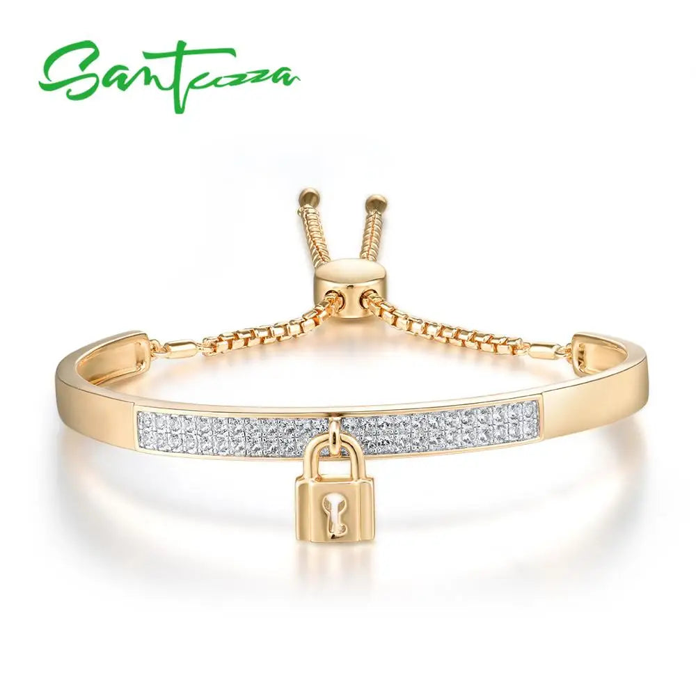 SANTUZZA Silver Bracelet For Women Authentic 925 Sterling Silver White Cubic Zirconia Adjustable Bolo Bracelet Fine Jewelry