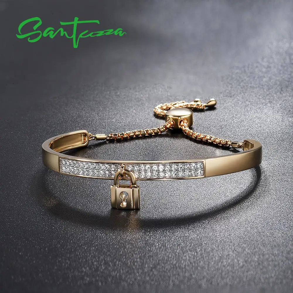 SANTUZZA Silver Bracelet For Women Authentic 925 Sterling Silver White Cubic Zirconia Adjustable Bolo Bracelet Fine Jewelry