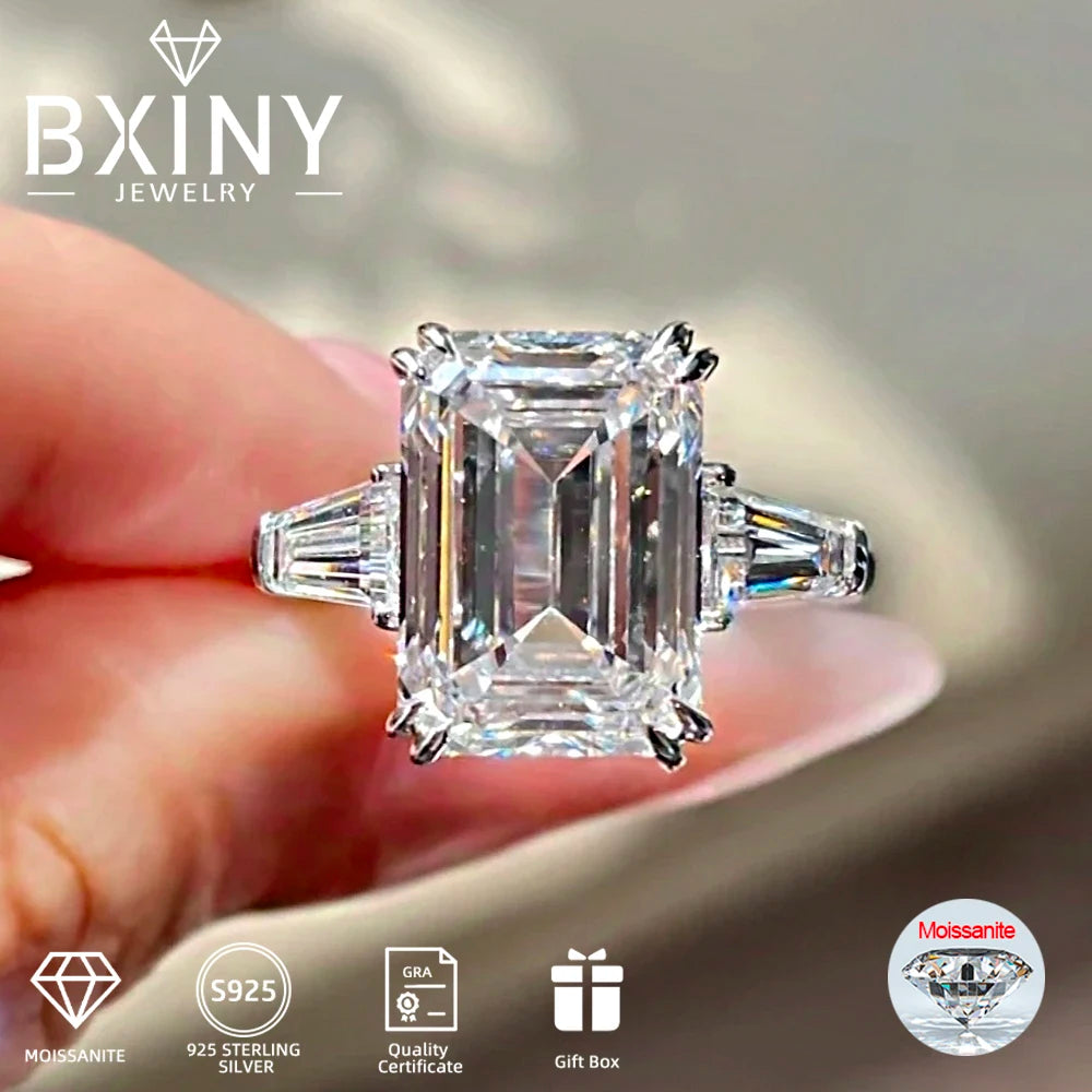 BXINY 1/2/3/4CT Emerald Cut Full Moissanite Rings S925 Silver GRA Certified Three Stones Diamond Women Men Wedding Bands Jewelry