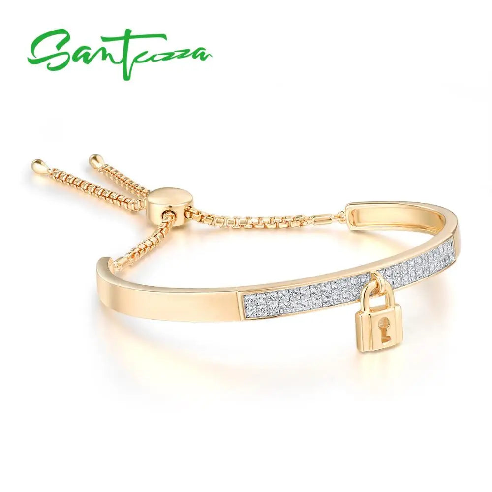 SANTUZZA Silver Bracelet For Women Authentic 925 Sterling Silver White Cubic Zirconia Adjustable Bolo Bracelet Fine Jewelry