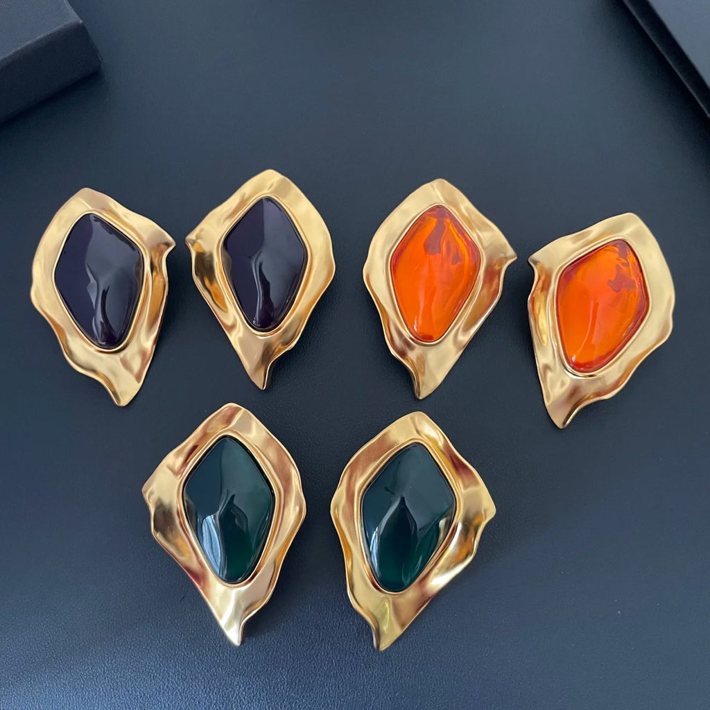 Hot Fashion Geometric Irregular Exaggerated Resin Big Ear Clip Gold Earrings Woman Top Quality Party Jewelry Trend