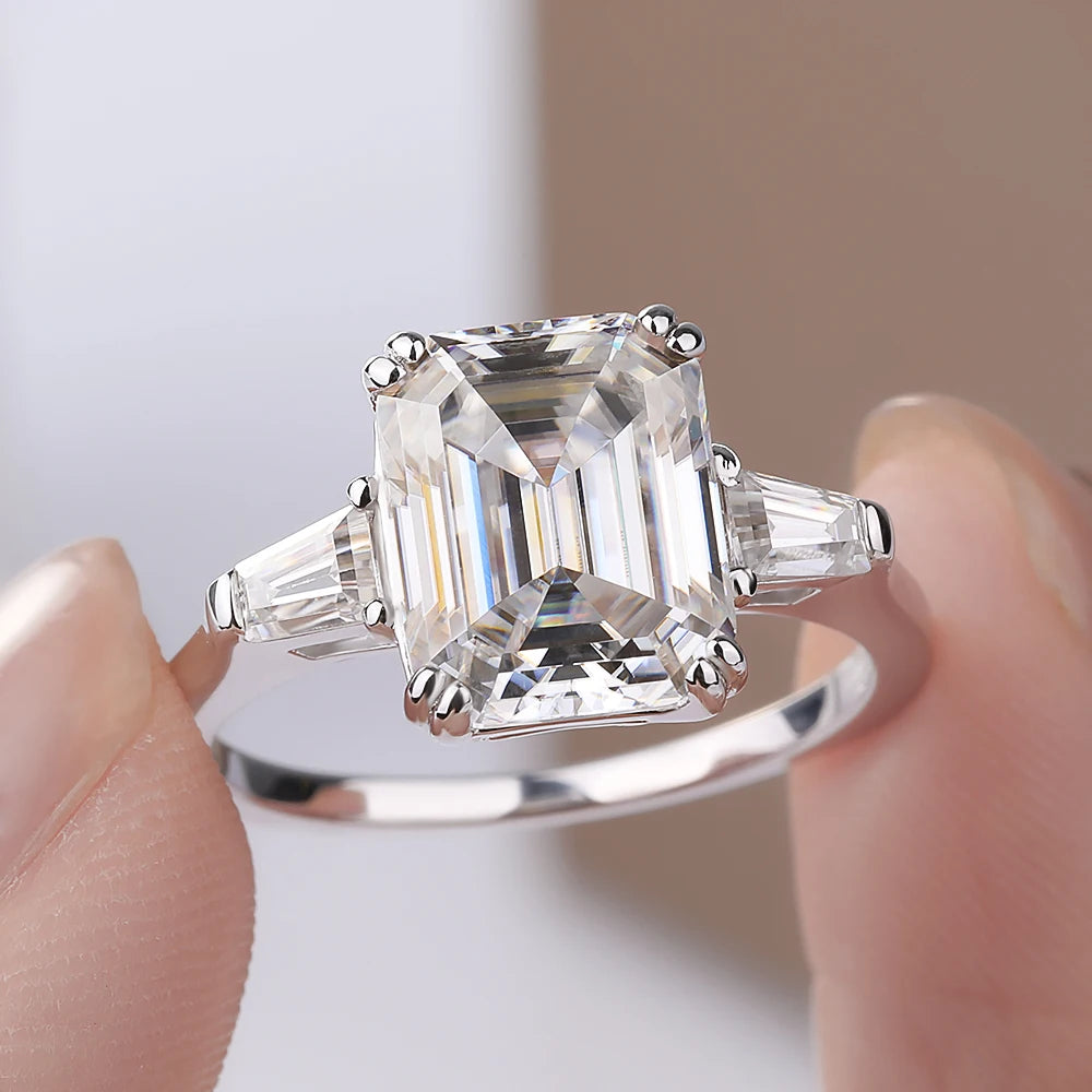 BXINY 1/2/3/4CT Emerald Cut Full Moissanite Rings S925 Silver GRA Certified Three Stones Diamond Women Men Wedding Bands Jewelry