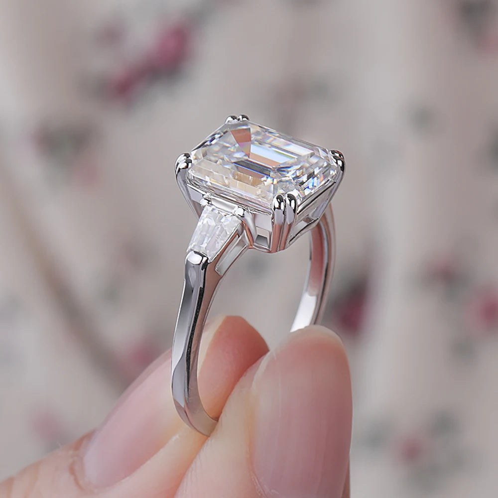 BXINY 1/2/3/4CT Emerald Cut Full Moissanite Rings S925 Silver GRA Certified Three Stones Diamond Women Men Wedding Bands Jewelry
