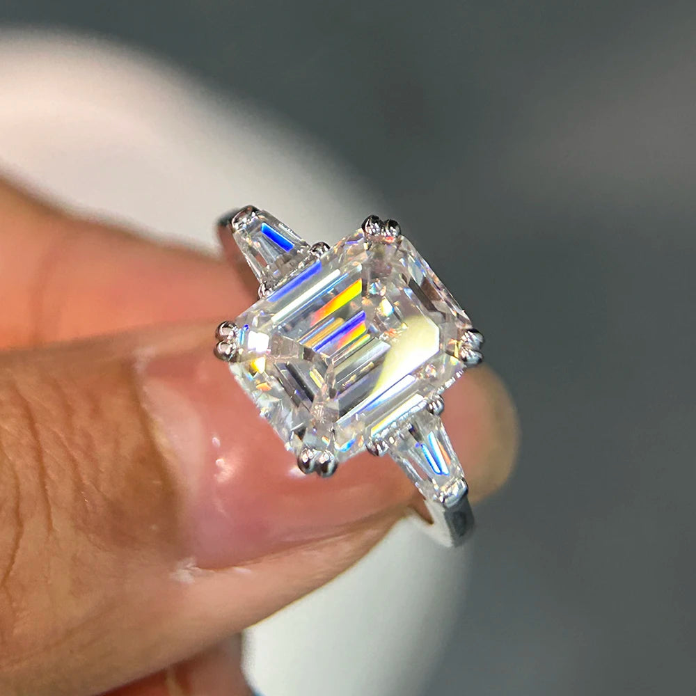 BXINY 1/2/3/4CT Emerald Cut Full Moissanite Rings S925 Silver GRA Certified Three Stones Diamond Women Men Wedding Bands Jewelry