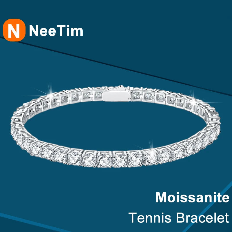 NeeTim 3mm 4mm 5mm 6.5mm Moissanite Tennis Bracelet Original s925 Sterling Silver Lab Diamond Bracelets for Women Men Chains