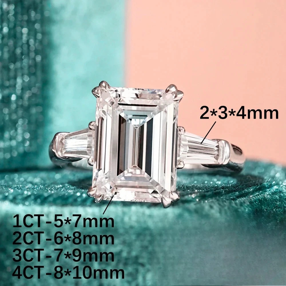 BXINY 1/2/3/4CT Emerald Cut Full Moissanite Rings S925 Silver GRA Certified Three Stones Diamond Women Men Wedding Bands Jewelry