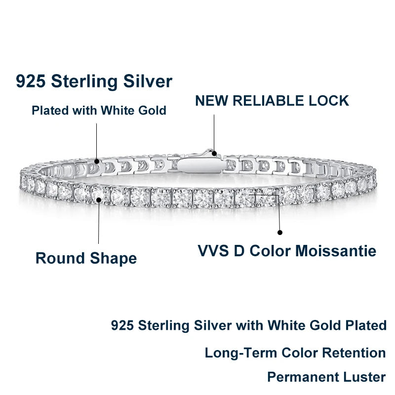 NeeTim 3mm 4mm 5mm 6.5mm Moissanite Tennis Bracelet Original s925 Sterling Silver Lab Diamond Bracelets for Women Men Chains