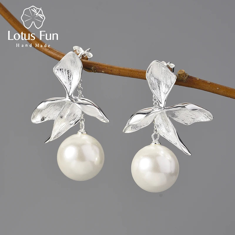 Lotus Fun Natural Mother of Pearl Four Leaf Flower Dangle Earrings for Women Gift Real 925 Sterling Silver Original Fine Jewelry