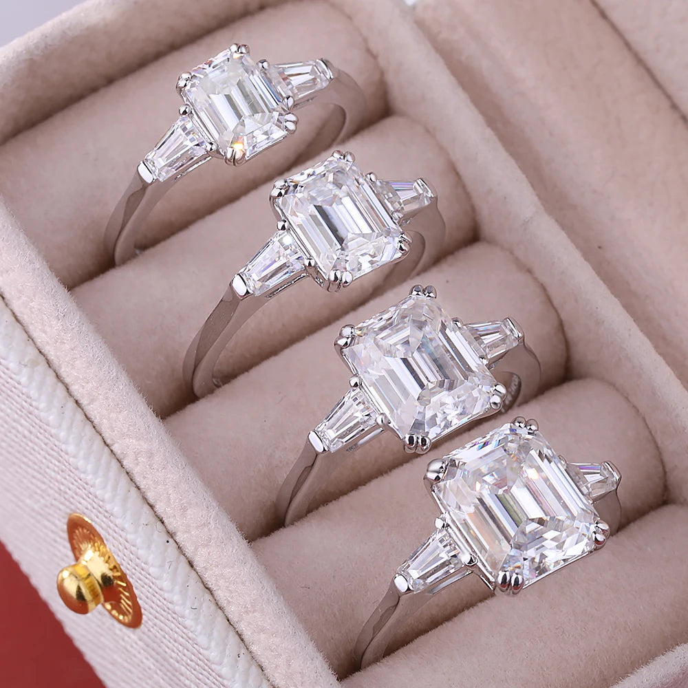 BXINY 1/2/3/4CT Emerald Cut Full Moissanite Rings S925 Silver GRA Certified Three Stones Diamond Women Men Wedding Bands Jewelry
