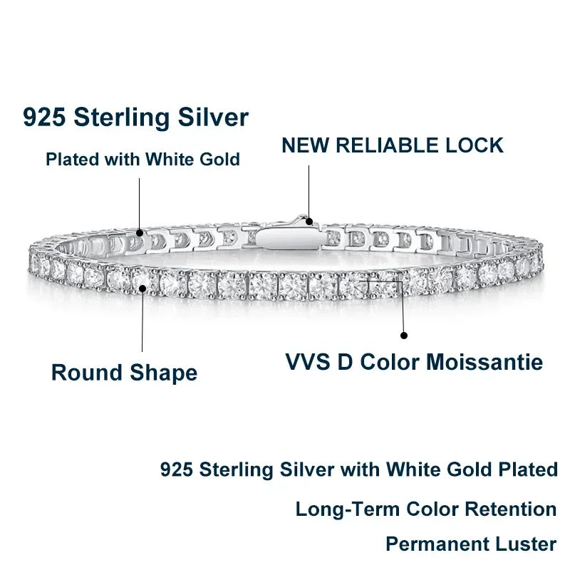 NeeTim 3mm 4mm 5mm 6.5mm Moissanite Tennis Bracelet Original s925 Sterling Silver Lab Diamond Bracelets for Women Men Chains