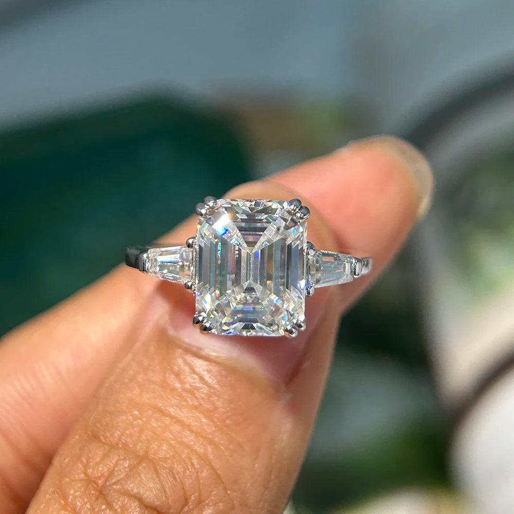 BXINY 1/2/3/4CT Emerald Cut Full Moissanite Rings S925 Silver GRA Certified Three Stones Diamond Women Men Wedding Bands Jewelry