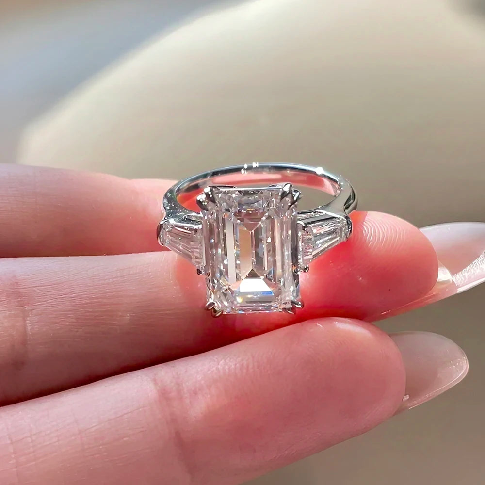 BXINY 1/2/3/4CT Emerald Cut Full Moissanite Rings S925 Silver GRA Certified Three Stones Diamond Women Men Wedding Bands Jewelry
