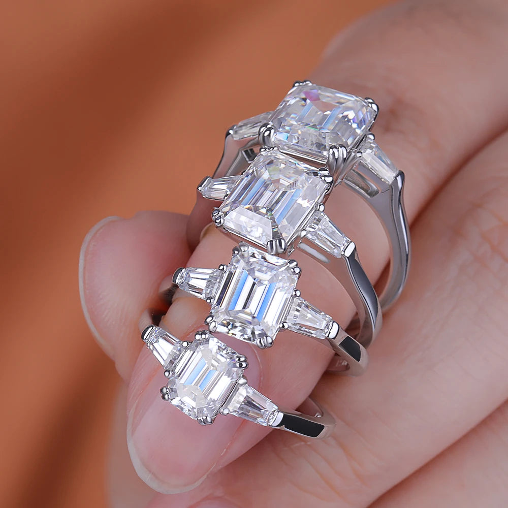 BXINY 1/2/3/4CT Emerald Cut Full Moissanite Rings S925 Silver GRA Certified Three Stones Diamond Women Men Wedding Bands Jewelry