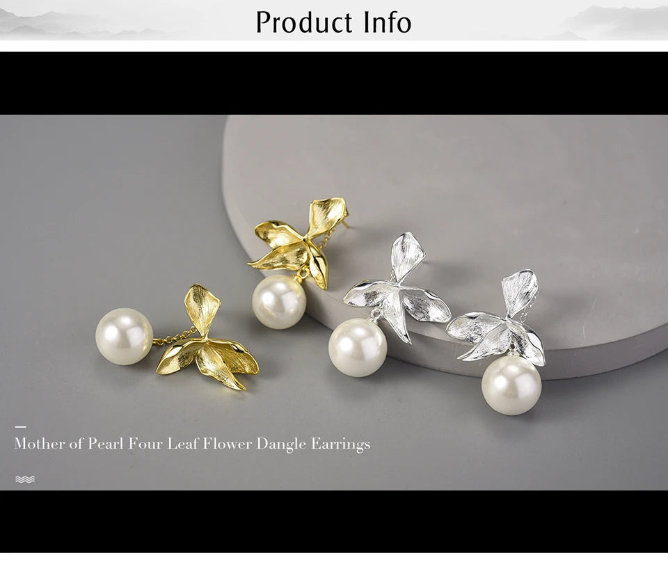 Lotus Fun Natural Mother of Pearl Four Leaf Flower Dangle Earrings for Women Gift Real 925 Sterling Silver Original Fine Jewelry