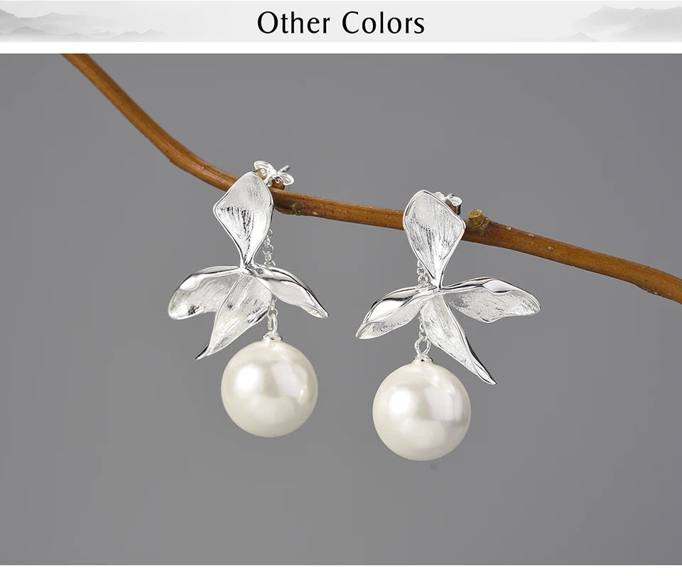Lotus Fun Natural Mother of Pearl Four Leaf Flower Dangle Earrings for Women Gift Real 925 Sterling Silver Original Fine Jewelry