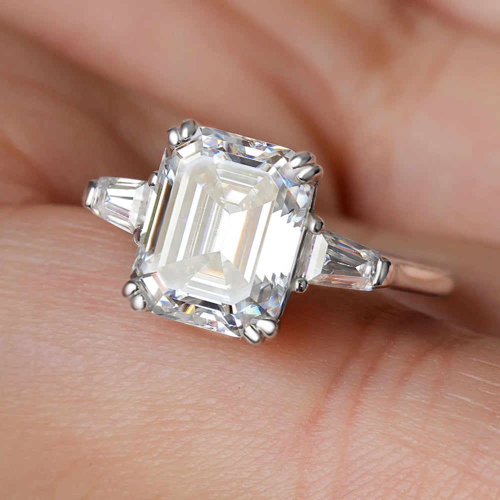 BXINY 1/2/3/4CT Emerald Cut Full Moissanite Rings S925 Silver GRA Certified Three Stones Diamond Women Men Wedding Bands Jewelry