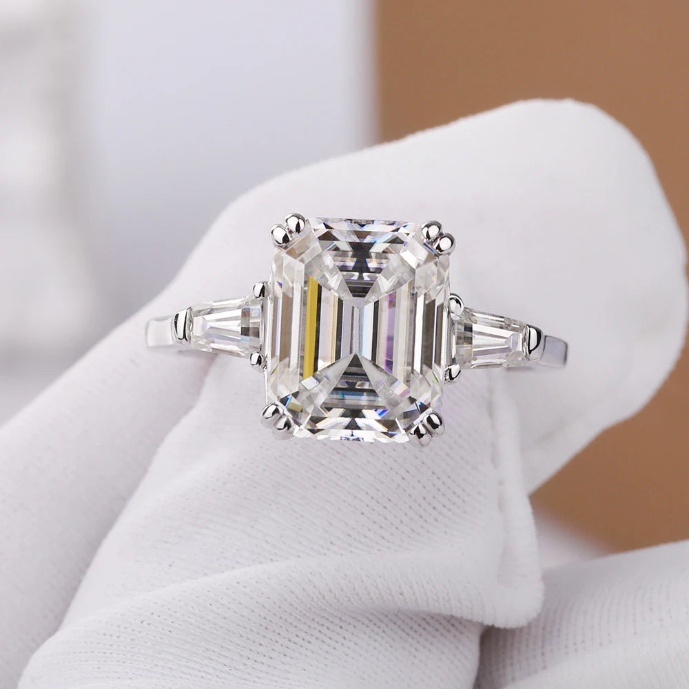 BXINY 1/2/3/4CT Emerald Cut Full Moissanite Rings S925 Silver GRA Certified Three Stones Diamond Women Men Wedding Bands Jewelry