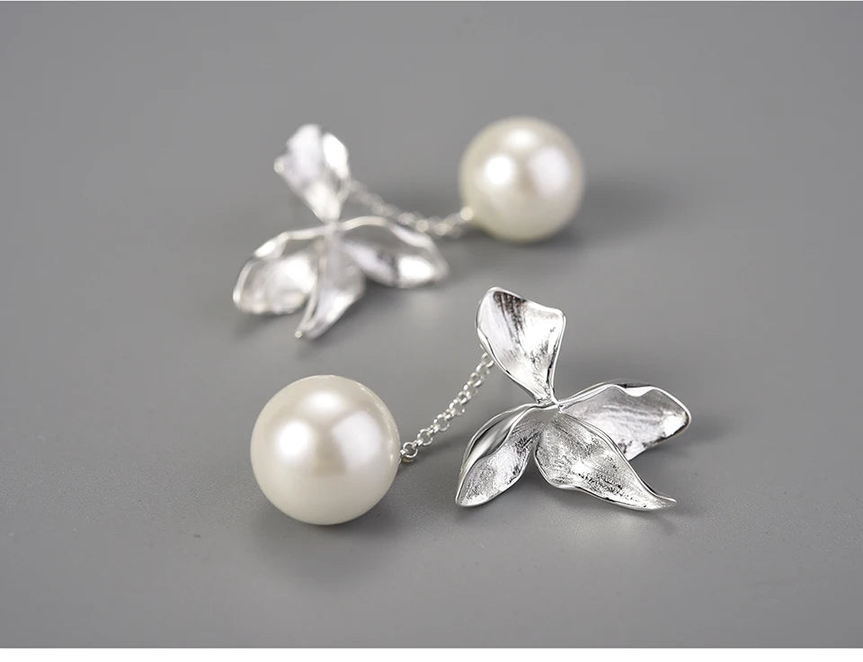 Lotus Fun Natural Mother of Pearl Four Leaf Flower Dangle Earrings for Women Gift Real 925 Sterling Silver Original Fine Jewelry