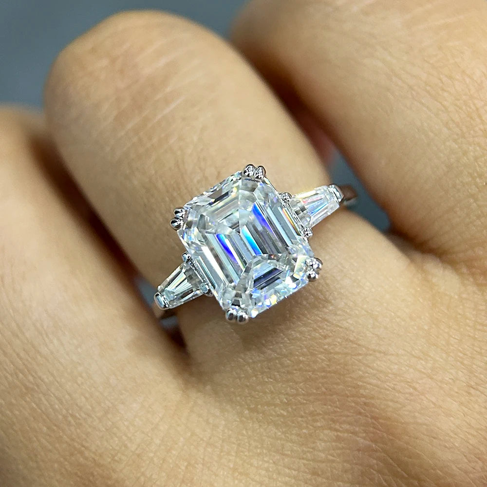 BXINY 1/2/3/4CT Emerald Cut Full Moissanite Rings S925 Silver GRA Certified Three Stones Diamond Women Men Wedding Bands Jewelry