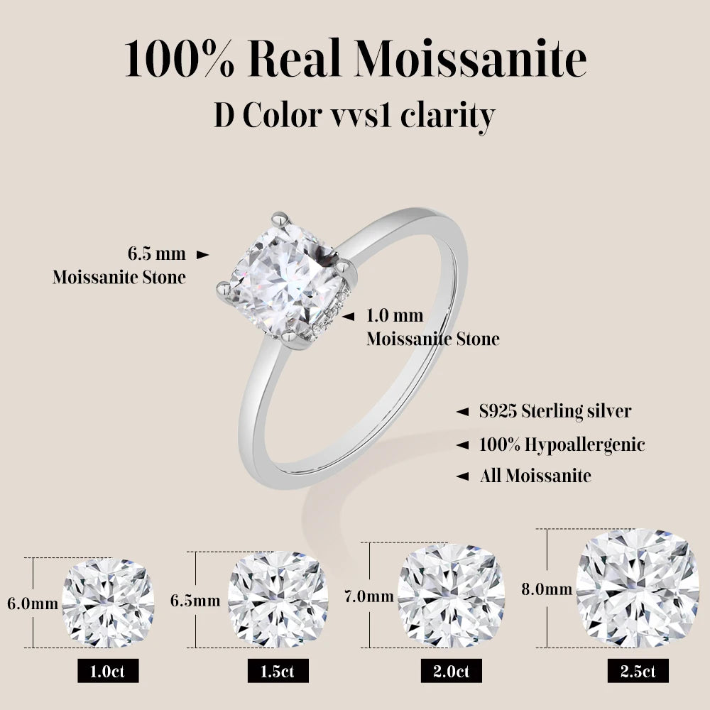 ATTAGEMS Cushion Cut 1.5ct 2.5ct Moissanite Ring DVVS1 925 Silver 18K Gold Plated For Women Engagement Wedding Band Fine Jewelry