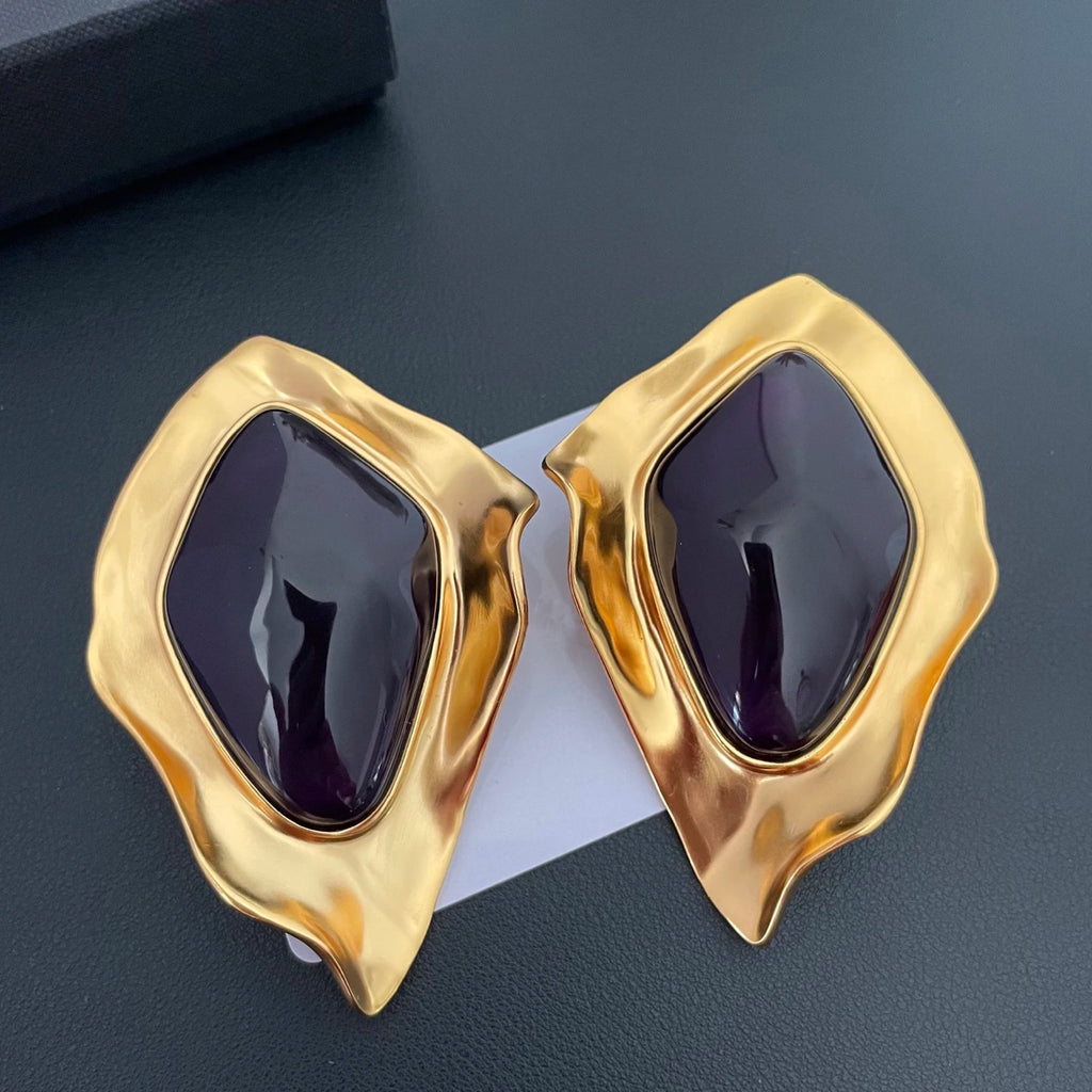 Hot Fashion Geometric Irregular Exaggerated Resin Big Ear Clip Gold Earrings Woman Top Quality Party Jewelry Trend